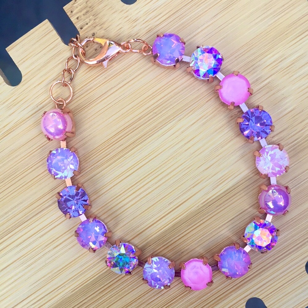 Pink Rose+Purple Amethyst Opal Aurora Borealis Rose Gold Crystal Tennis Bracelet - Picture 8 of 10